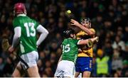 11 February 2023; Conor Cleary of Clare is tackled by Peter Casey of Limerick during the Allianz Hurling League Division 1 Group A match between Limerick and Clare at TUS Gaelic Grounds in Limerick. Photo by Eóin Noonan/Sportsfile