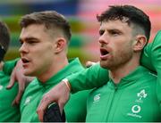 11 February 2023; Hugo Keenan, right, and Garry Ringrose of Ireland before the Guinness Six Nations Rugby Championship match between Ireland and France at the Aviva Stadium in Dublin. Photo by Seb Daly/Sportsfile