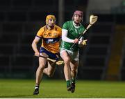 11 February 2023; Shane O'Brien of Limerick in action against David Fitzgerald of Clare during the Allianz Hurling League Division 1 Group A match between Limerick and Clare at TUS Gaelic Grounds in Limerick. Photo by John Sheridan/Sportsfile