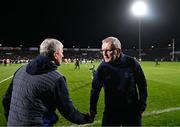 11 February 2023; Clare manager Brian Lohan shakes hands with Limerick manager John Kiely after the Allianz Hurling League Division 1 Group A match between Limerick and Clare at TUS Gaelic Grounds in Limerick. Photo by Eóin Noonan/Sportsfile