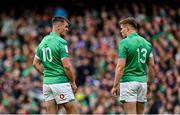11 February 2023; Jonathan Sexton, left, and Garry Ringrose of Ireland during the Guinness Six Nations Rugby Championship match between Ireland and France at the Aviva Stadium in Dublin. Photo by Seb Daly/Sportsfile