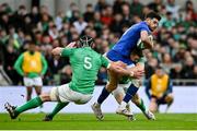 11 February 2023; Romain Ntamack of France is tackled by Garry Ringrose, right, and James Ryan of Ireland during the Guinness Six Nations Rugby Championship match between Ireland and France at the Aviva Stadium in Dublin. Photo by Seb Daly/Sportsfile