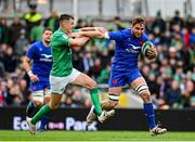 11 February 2023; Anthony Jelonch of France in action against Jonathan Sexton of Ireland during the Guinness Six Nations Rugby Championship match between Ireland and France at the Aviva Stadium in Dublin. Photo by Seb Daly/Sportsfile