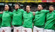 11 February 2023; Ireland players, from left, James Lowe, Caelan Doris, Mack Hansen, Jack Conan and Ross Byrne before the Guinness Six Nations Rugby Championship match between Ireland and France at the Aviva Stadium in Dublin. Photo by Seb Daly/Sportsfile
