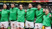 11 February 2023; Ireland players, from left, James Lowe, Caelan Doris, Mack Hansen, Jack Conan, Ross Byrne and Craig Casey before the Guinness Six Nations Rugby Championship match between Ireland and France at the Aviva Stadium in Dublin. Photo by Seb Daly/Sportsfile