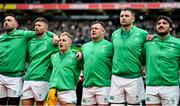 11 February 2023; Ireland players, from left, Jack Conan, Ross Byrne, Craig Casey, Dave Kilcoyne, Iain Henderson and Tom O’Toole before the Guinness Six Nations Rugby Championship match between Ireland and France at the Aviva Stadium in Dublin. Photo by Seb Daly/Sportsfile