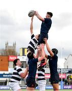 10 February 2023; Charlie Simmons of Wesley College and James Travers of Belvedere College battle for possession during a line-out in the Bank of Ireland Leinster Rugby Schools Junior Cup First Round match between Wesley College and Belvedere College at Energia Park in Dublin. Photo by Tyler Miller/Sportsfile