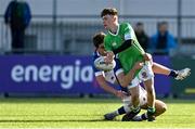 9 February 2023; Jim Devlin of Gonzaga College is tackled by Daniel Tourish of St Mary’s College during the Bank of Ireland Leinster Rugby Schools Junior Cup First Round match between St Mary’s College and Gonzaga College at Energia Park in Dublin. Photo by Brendan Moran/Sportsfile