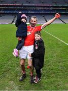 15 January 2023; Mike Joe Kelliher of Rathmore with his daughter Allie-May, age 3, and his son Leo, age 6, after his side's victory in the AIB GAA Football All-Ireland Intermediate Championship Final match between Galbally Pearses of Tyrone and Rathmore of Kerry at Croke Park in Dublin. Photo by Piaras Ó Mídheach/Sportsfile