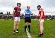 12 February 2023; Referee Johnny Murphy with team captains Joseph Cooney of Galway and Conor Lehane of Cork before the Allianz Hurling League Division 1 Group A match between Galway and Cork at Pearse Stadium in Galway. Photo by Seb Daly/Sportsfile