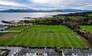 12 February 2023; An aerial view of action during the FAI Junior Cup 6th Round match between Buncrana Hearts and Salthill Devon at Castle Park in Buncrana, Donegal. Photo by Ramsey Cardy/Sportsfile