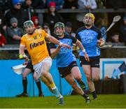 12 February 2023; Niall McKenna of Antrim in action against Aidan Mellett and Dáire Gray of Dublin during the Allianz Hurling League Division 1 Group B match between Dublin and Antrim at Parnell Park in Dublin. Photo by Ray McManus/Sportsfile