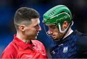 11 February 2023; Referee Seán Stack in conversation with Waterford goalkeeper Billy Nolan before the Allianz Hurling League Division 1 Group B match between Laois and Waterford at Laois Hire O'Moore Park in Portlaoise, Laois. Photo by Piaras Ó Mídheach/Sportsfile