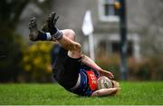 12 February 2023; Shane McGuinness of Wexford Wanderers dives over to score his side's fourth try during the Bank of Ireland Provincial Towns Cup 1st Round match between Wexford Wanderers RFC and Mullingar RFC at Wexford Wanderers RFC in Wexford. Photo by Harry Murphy/Sportsfile
