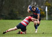 12 February 2023; Colm O'Corcora of Wexford Wanderers is tackled by Alan Brabazon of Mullingar during the Bank of Ireland Provincial Towns Cup 1st Round match between Wexford Wanderers RFC and Mullingar RFC at Wexford Wanderers RFC in Wexford. Photo by Harry Murphy/Sportsfile