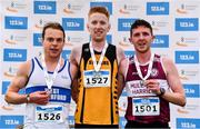 12 February 2023;  Intermediate Men's 8000m medallists, Luke Dinsmore of Annadale Striders, Antrim, centre, gold, Pat Hennessy of West Waterford AC, Waterford, left, silver and Vinny Connolly of Mullingar Harriers AC, Westmeath, bronze, during the 123.ie National Intermediate, Masters & Juvenile B Cross Country Championships at Gowran Demense in Kilkenny. Photo by Sam Barnes/Sportsfile