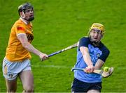 12 February 2023; Eoghan O'Donnell of Dublin is tackled by Gerard Walsh of Antrim during the Allianz Hurling League Division 1 Group B match between Dublin and Antrim at Parnell Park in Dublin. Photo by Ray McManus/Sportsfile