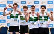 12 February 2023; The four scoring runners of the Carraig Na Bhfear AC team, from left, Timmy Colbert, Michael Mullins, Brian Hawkins and Cathal Whooley, after winning the boys U17 3000m team event during the 123.ie National Intermediate, Masters & Juvenile B Cross Country Championships at Gowran Demense in Kilkenny. Photo by Sam Barnes/Sportsfile