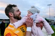 12 February 2023; Neil McManus of Antrim with his five month old daughter Aoibhín after the Allianz Hurling League Division 1 Group B match between Dublin and Antrim at Parnell Park in Dublin. Photo by Ray McManus/Sportsfile