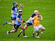 12 February 2023; Conor Johnston of Antrim is tackled by Cian Boland, left, and Conor Donohoe of Dublin during the Allianz Hurling League Division 1 Group B match between Dublin and Antrim at Parnell Park in Dublin. Photo by Ray McManus/Sportsfile