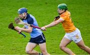 12 February 2023; Eoghan O'Donnell of Dublin is tackled by Conal Bohill of Antrim during the Allianz Hurling League Division 1 Group B match between Dublin and Antrim at Parnell Park in Dublin. Photo by Ray McManus/Sportsfile