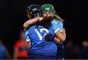 12 February 2023; Kerrie Finnegan, left, and Roisin McCormick of TUD celebrate at the final whistle of the Electric Ireland Ashbourne Cup Final between UCC and TUD at UCD in Dublin. Photo by Ben McShane/Sportsfile