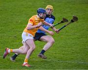 12 February 2023; Keelan Molloy of Antrim in action against Dáire Gray of Dublin during the Allianz Hurling League Division 1 Group B match between Dublin and Antrim at Parnell Park in Dublin. Photo by Ray McManus/Sportsfile
