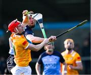 12 February 2023; James McNaughton of Antrim wins possession ahead of Chris O'Leary of Dublin during the Allianz Hurling League Division 1 Group B match between Dublin and Antrim at Parnell Park in Dublin. Photo by Ray McManus/Sportsfile
