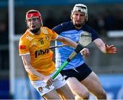 12 February 2023; James McNaughton of Antrim in action against of Chris O'Leary of Dublin during the Allianz Hurling League Division 1 Group B match between Dublin and Antrim at Parnell Park in Dublin. Photo by Ray McManus/Sportsfile