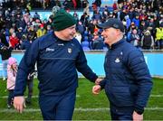 12 February 2023; Antrim manager Darren Gleeson, left, and Dublin manager Micheál Donoghue after the Allianz Hurling League Division 1 Group B match between Dublin and Antrim at Parnell Park in Dublin. Photo by Ray McManus/Sportsfile