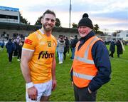 12 February 2023; Neil McManus of Antrim and Maor Tom Ryan after the Allianz Hurling League Division 1 Group B match between Dublin and Antrim at Parnell Park in Dublin. Photo by Ray McManus/Sportsfile