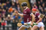 12 February 2023; Kevin Cooney of Galway celebrates after scoring his side's first goal during the Allianz Hurling League Division 1 Group A match between Galway and Cork at Pearse Stadium in Galway. Photo by Seb Daly/Sportsfile