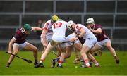 12 February 2023; Cork and Galway players battle for the sliotar during the Allianz Hurling League Division 1 Group A match between Galway and Cork at Pearse Stadium in Galway. Photo by Seb Daly/Sportsfile
