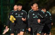 13 February 2023; Jimmy O'Brien speaks with Senior coach Stuart Lancaster during a Leinster Rugby squad training Session at UCD in Dublin. Photo by Harry Murphy/Sportsfile