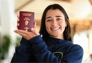 13 February 2023; Marissa Sheva poses with her Irish passport during a Republic of Ireland women training camp in Marbella, Spain. Photo by Stephen McCarthy/Sportsfile