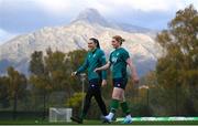13 February 2023; Aoife Mannion, right, and goalkeeper Megan Walsh during a Republic of Ireland women training session at Dama de Noche Football Center in Marbella, Spain. Photo by Stephen McCarthy/Sportsfile