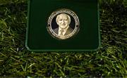 10 February 2023; A detailed view of the FAI President's Cup winners medal featuring an engraving of President of Ireland Michael D Higgins before the FAI President's Cup match between Derry City and Shamrock Rovers at the Ryan McBride Brandywell Stadium in Derry. Photo by Stephen McCarthy/Sportsfile