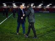 10 February 2023; League of Ireland director Mark Scanlon with Shamrock Rovers manager Stephen Bradley before the FAI President's Cup match between Derry City and Shamrock Rovers at the Ryan McBride Brandywell Stadium in Derry. Photo by Stephen McCarthy/Sportsfile