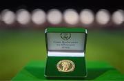 10 February 2023; A detailed view of the FAI President's Cup winners medal featuring an engraving of President of Ireland Michael D Higgins before the FAI President's Cup match between Derry City and Shamrock Rovers at the Ryan McBride Brandywell Stadium in Derry. Photo by Stephen McCarthy/Sportsfile