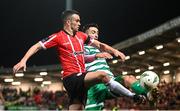 10 February 2023; Michael Duffy of Derry City in action against Neil Farrugia of Shamrock Rovers during the FAI President's Cup match between Derry City and Shamrock Rovers at the Ryan McBride Brandywell Stadium in Derry. Photo by Stephen McCarthy/Sportsfile