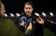 10 February 2023; Derry City manager Ruaidhrí Higgins speaks to media after the FAI President's Cup match between Derry City and Shamrock Rovers at the Ryan McBride Brandywell Stadium in Derry. Photo by Stephen McCarthy/Sportsfile