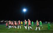 10 February 2023; Derry City and Shamrock Rovers players walk out before the FAI President's Cup match between Derry City and Shamrock Rovers at the Ryan McBride Brandywell Stadium in Derry. Photo by Stephen McCarthy/Sportsfile