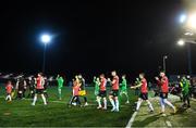 10 February 2023; Derry City and Shamrock Rovers players walk out before the FAI President's Cup match between Derry City and Shamrock Rovers at the Ryan McBride Brandywell Stadium in Derry. Photo by Stephen McCarthy/Sportsfile