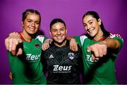 13 February 2023; Cork City players, from left, Jesse Mendez, Hannah Walsh and Aoibhín Donnelly pose for a portrait during a Cork City squad portrait session at Bishopstown Stadium in Cork. Photo by Eóin Noonan/Sportsfile