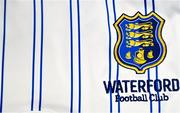 1 February 2023; A detailed view of the Waterford crest before a Waterford FC squad portrait session at RSC in Waterford. Photo by Eóin Noonan/Sportsfile