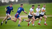 14 February 2023; Shay Loye of DKIT in action against Joe Lenihan of MICL during the Electric Ireland HE Trench Cup Semi-Final match between Dundalk Institute of Technology and Mary Immaculate College Limerick at SETU West Campus in Waterford in Waterford. Photo by Brendan Moran/Sportsfile