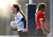 14 February 2023; Sorcha Tierney of Midlands celebrates after scoring a try during the Leinster Rugby Bank of Ireland Sarah Robinson Cup Round Five match between Midlands and North East at Navan RFC in Navan, Meath. Photo by Piaras Ó Mídheach/Sportsfile