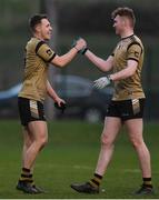 14 February 2023; Kieran Colclough, left, and Aaron Hughes of TUS Midlands celebrate their side's victory in the Electric Ireland HE Trench Cup Semi-Final match between TUS Midlands and TUS Midwest at SETU West Campus in Waterford. Photo by Brendan Moran/Sportsfile