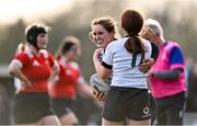 14 February 2023; Sorcha Tierney of Midlands celebrates with teammate Hannah Cannon, 11, after scoring a try during the Leinster Rugby Bank of Ireland Sarah Robinson Cup Round Five match between Midlands and North East at Navan RFC in Navan, Meath. Photo by Piaras Ó Mídheach/Sportsfile