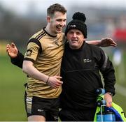 14 February 2023; Kieran Colclough of TUS Midlands celebrates with selector Richie Murray after the Electric Ireland HE Trench Cup Semi-Final match between TUS Midlands and TUS Midwest at SETU West Campus in Waterford. Photo by Brendan Moran/Sportsfile